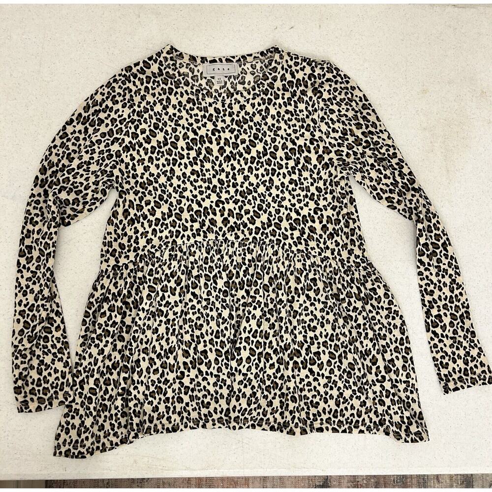 Gaze Top Womens XS Leopard Animal Print Soft Peplum Long‎ Sleeve Tan Pullover